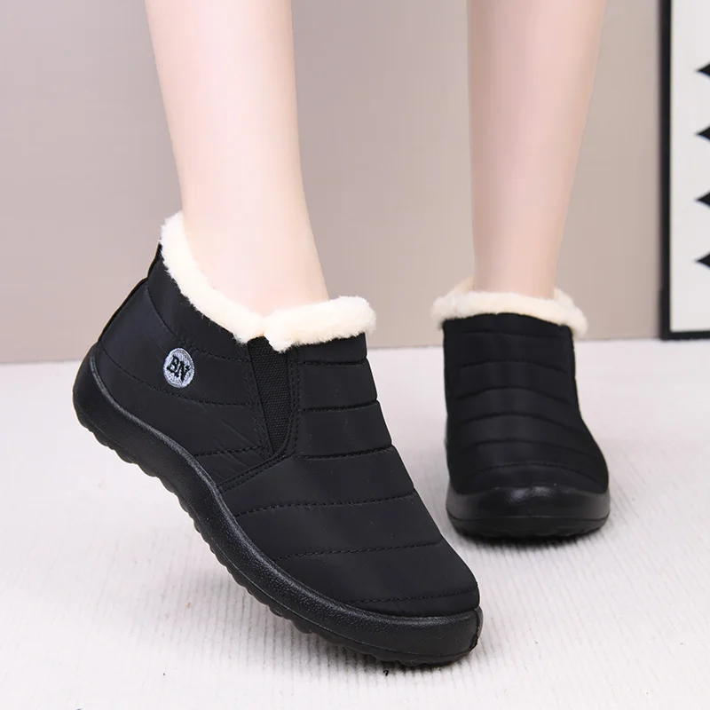 Winter Fleece-Lined Warm Women's Casual Short Boots, Fashionable Mom Shoes, Middle-Aged and Elderly Flat Shoes, Soft-Soled Granny Shoes