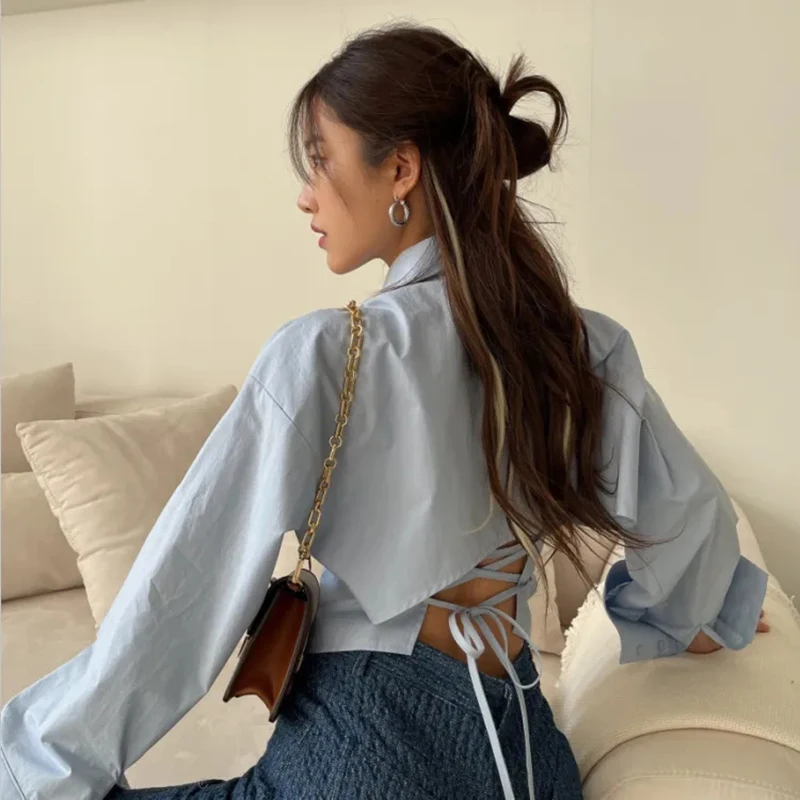 Gidyq Koreańska koszula bandażowa Moda damska Seksowna bluzka bez pleców Biuro Panie Casual Slim Chic Kołnierzyk z długim rękawem Topy