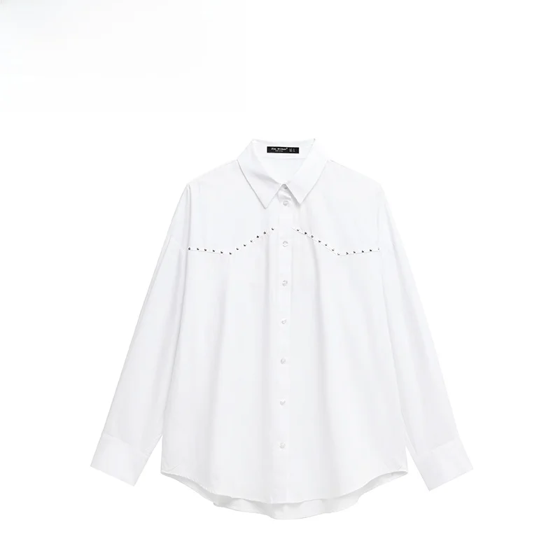 

ZBZA Punk Sle Women's irt Rivet Decorated Loose Silk Long Sve Turn-down Collar Autumn New Arrival 356472 Polyester Fiber