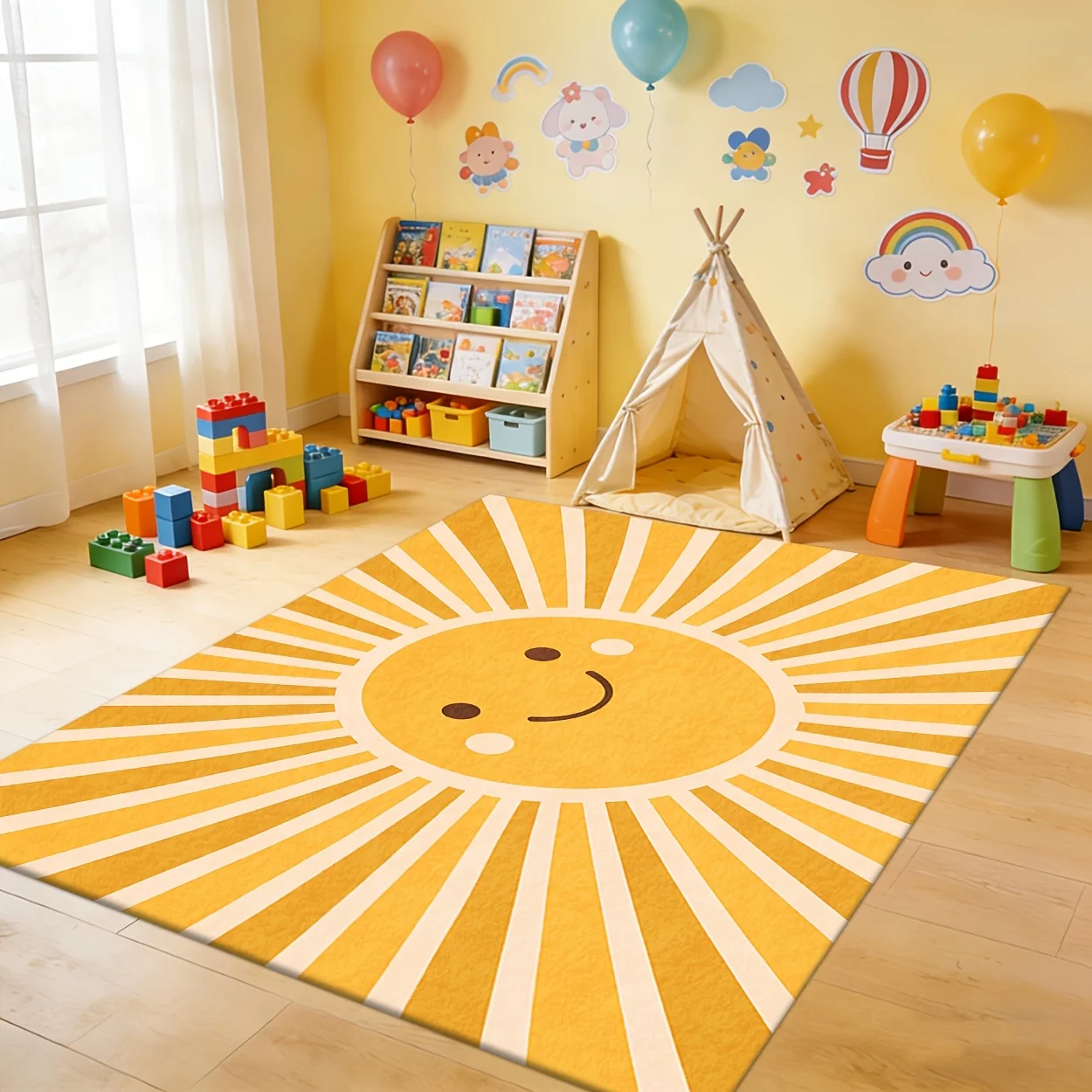 Cute Smiling Sun Kids Play Rug, Cartoon Sunshine Floor Mat for Children Bedroom, Playroom and Classroom Decoration