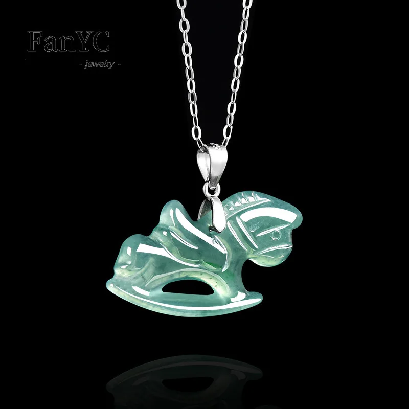 Natural Grade A Jadeite Blue Water Rocking Horse Pendant Exquisitely Hand-Carved Charming Ice-Type Jade Necklace Women's Gift