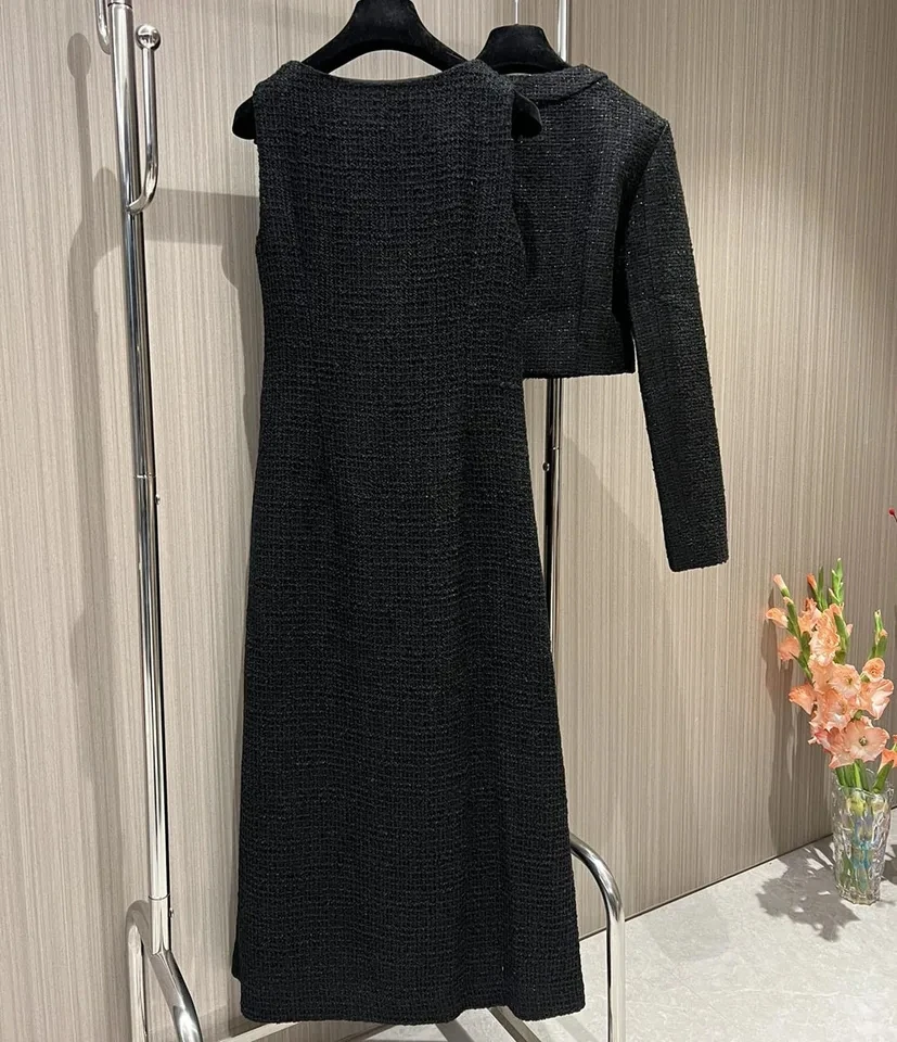 2024 spring Women patchwork black tweed set sleeveless o-neck long dresses + single breasted short coats