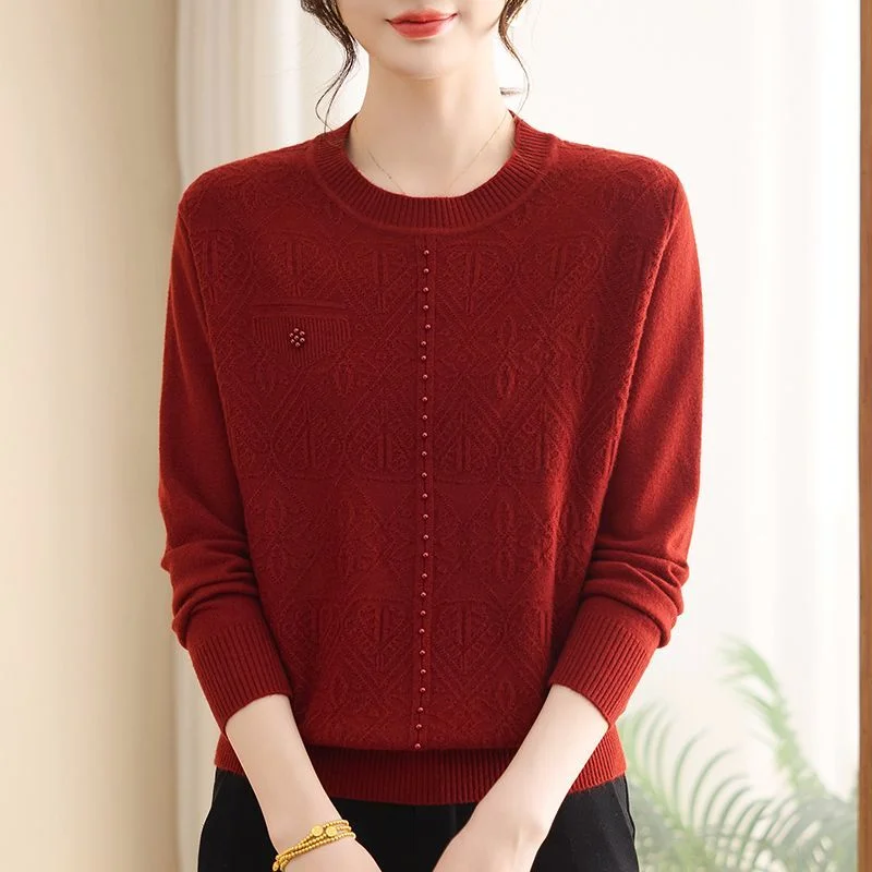 

Осенне-зимний пуловер для мам среднего возраста, свитера с длинными рукавами, простые однотонные свободные свитера с круглым вырезом, топы для женщин