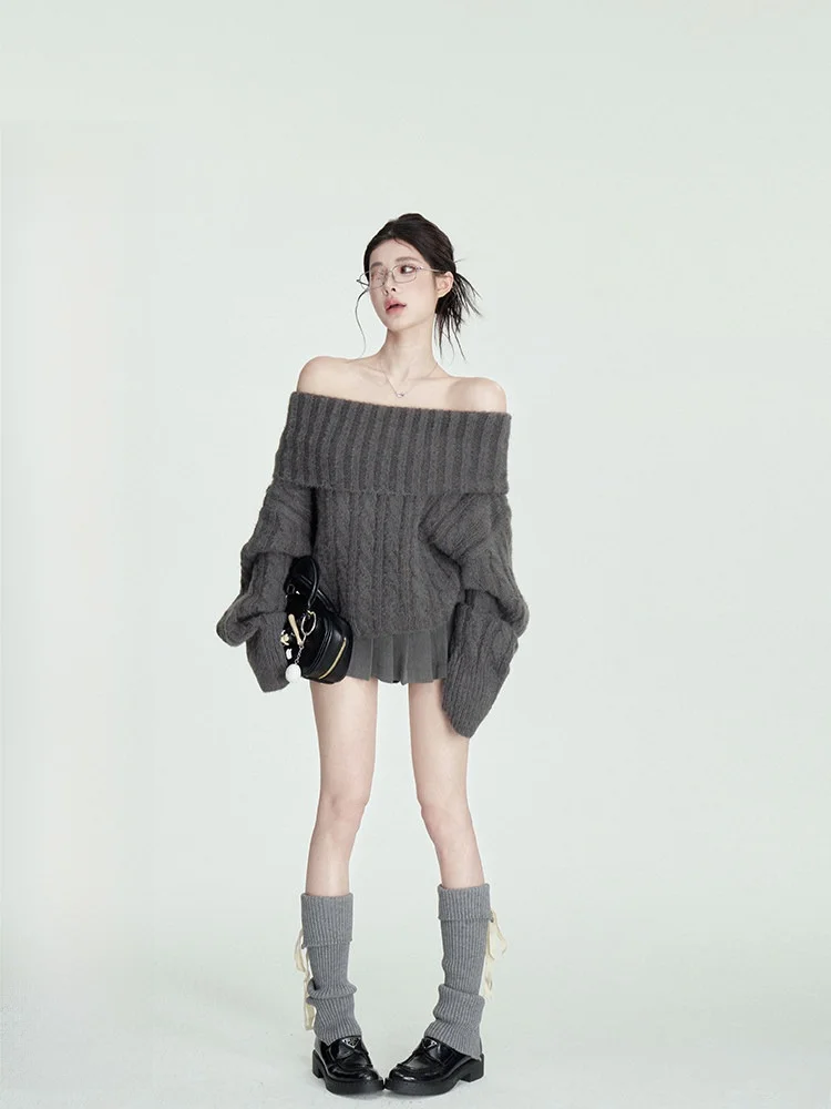 

Soft Cozy One-oulder High Ne ey Sweater Women Winter Lazy Sle Loose Fit Long Sve Knitted Top Casual Faion