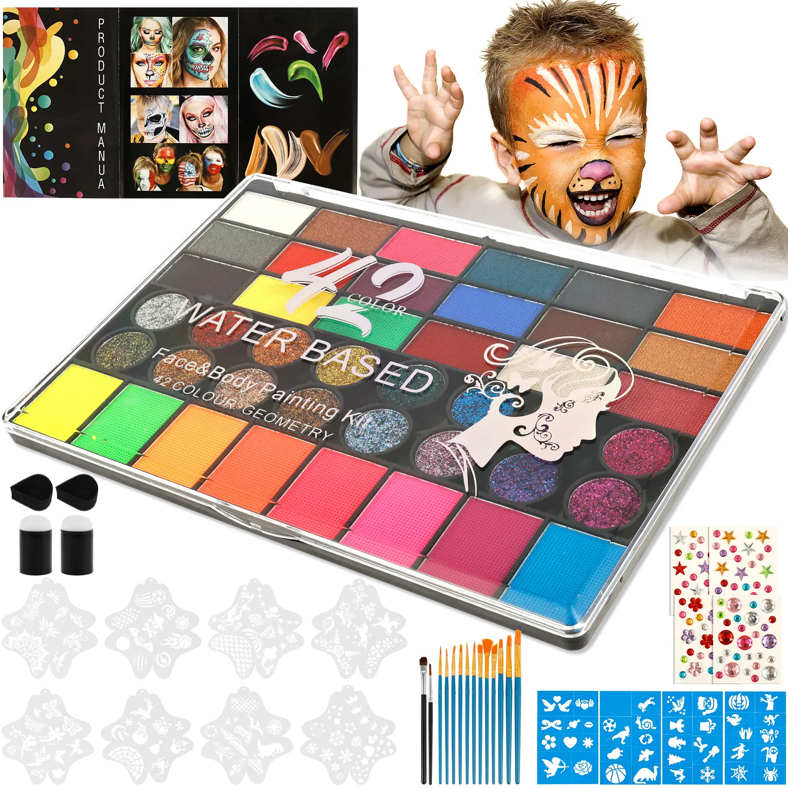 

42-цветный набор для рисования лица, активированный водой набор для макияжа с трафаретами, драгоценными камнями, кистью — для Хэллоуина, вечеринки, школьного мероприятия