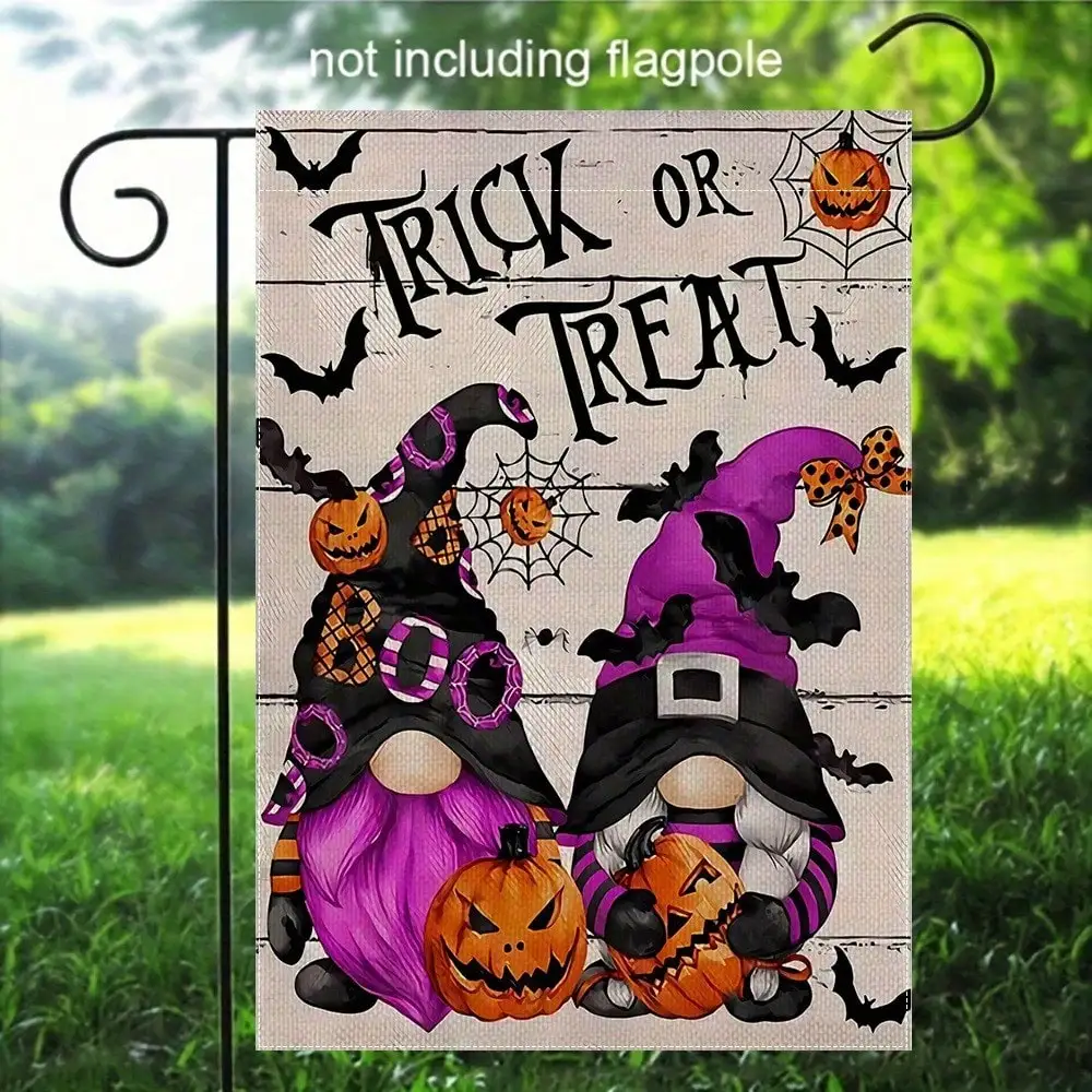 1pc, Jack-O-Lantern Purple Gnomes Halloween Trick Ot Treat Halloween Garden Yard House Flag, Double Sided Garden Yard Flag, Home Decor, Outside Decor, Yard Decor, Garden Decor, Holiday Decor, No Flagpole 12x18in
