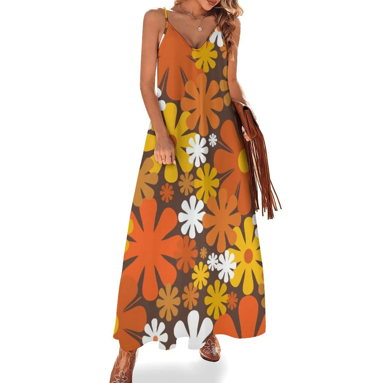 

Retro 60s 70s Aesthetic Floral Pattern in 1970s Brown Orange Yellow White Sleeveless Long Dress Women's summer dresses Dress