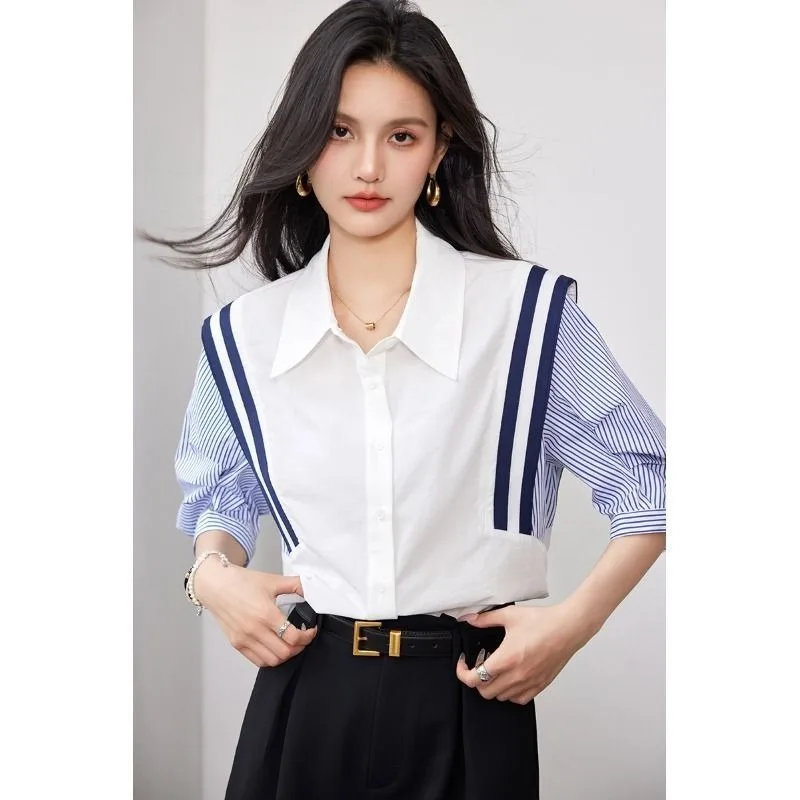 Womens Button Down Shirts Short  Sleeve Korean Fashion V Neck Tops Wrinkle Free Collared Work Office Solid Blouses Corset Tops