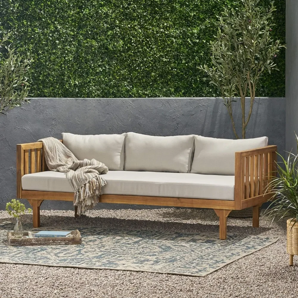 Outdoor 3 Seater Acacia Wood Daybed, Teak Finish, Light Grey