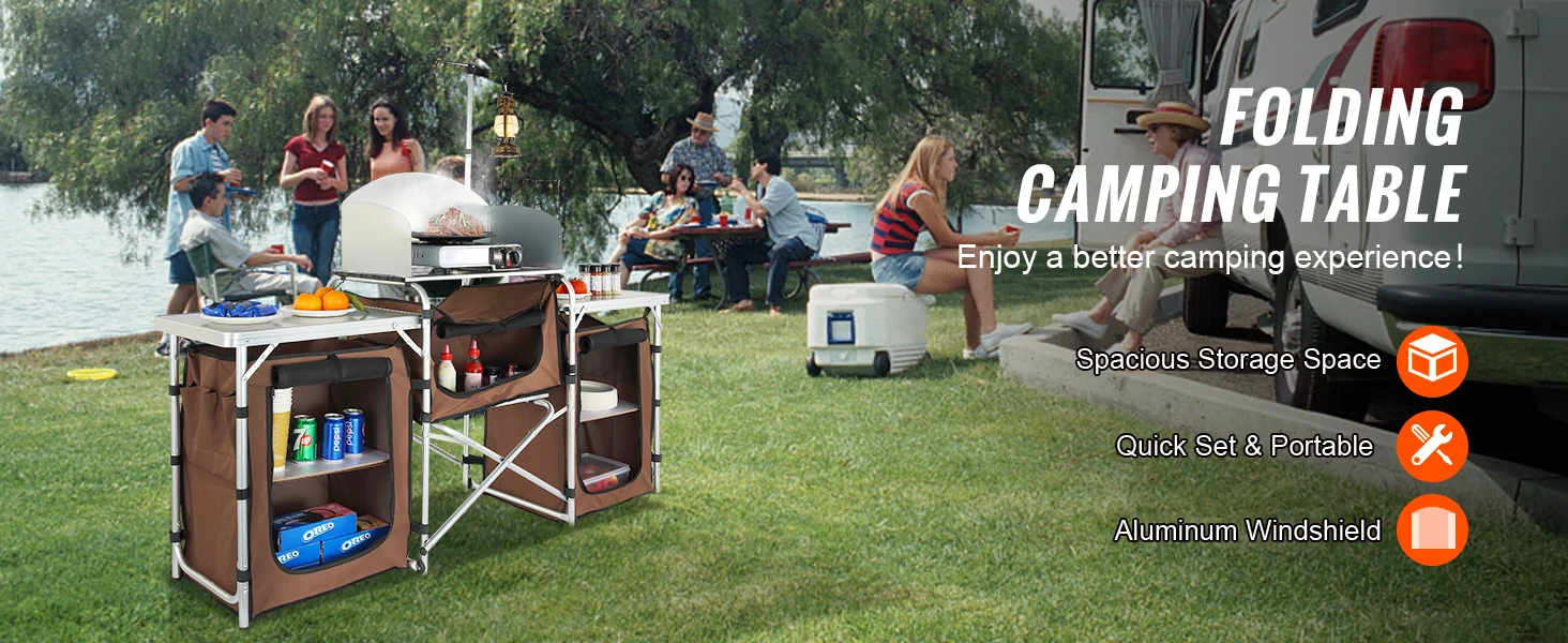 SucceBuy Camping Kitchen Table Folding Outdoor Cooking Table W/ Storage Carrying Bag Aluminum Cook Station 3 Cupboard Windscreen