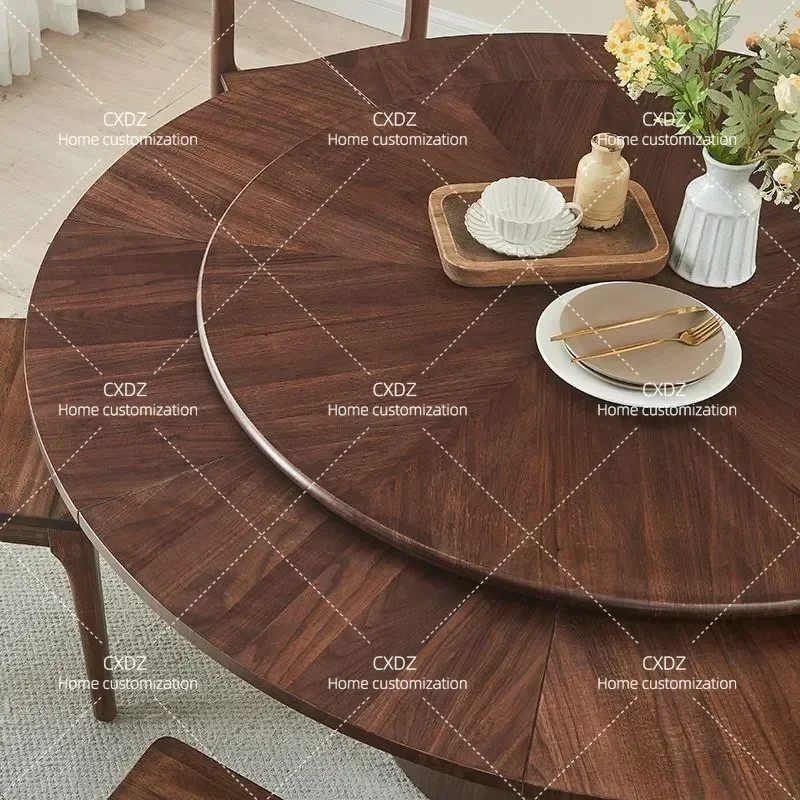 Rotating Large Round Dining Table Walnut Solid Wood Retractable Expandable Household Furniture Modern Aesthetic Style