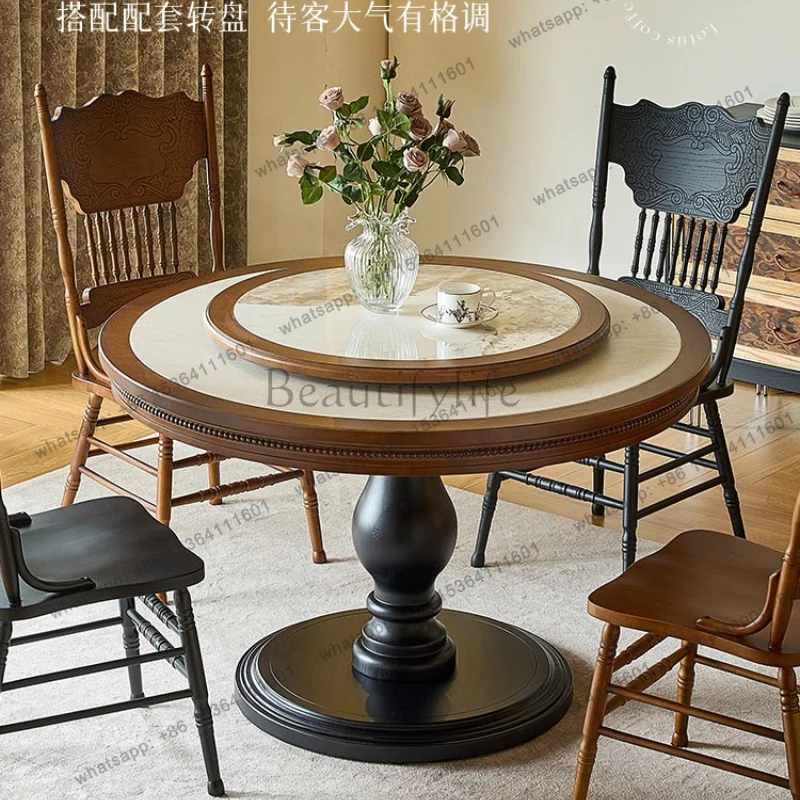 French retro solid wood rock slab dining table 1.5m with turntable 1.3m household round dining table