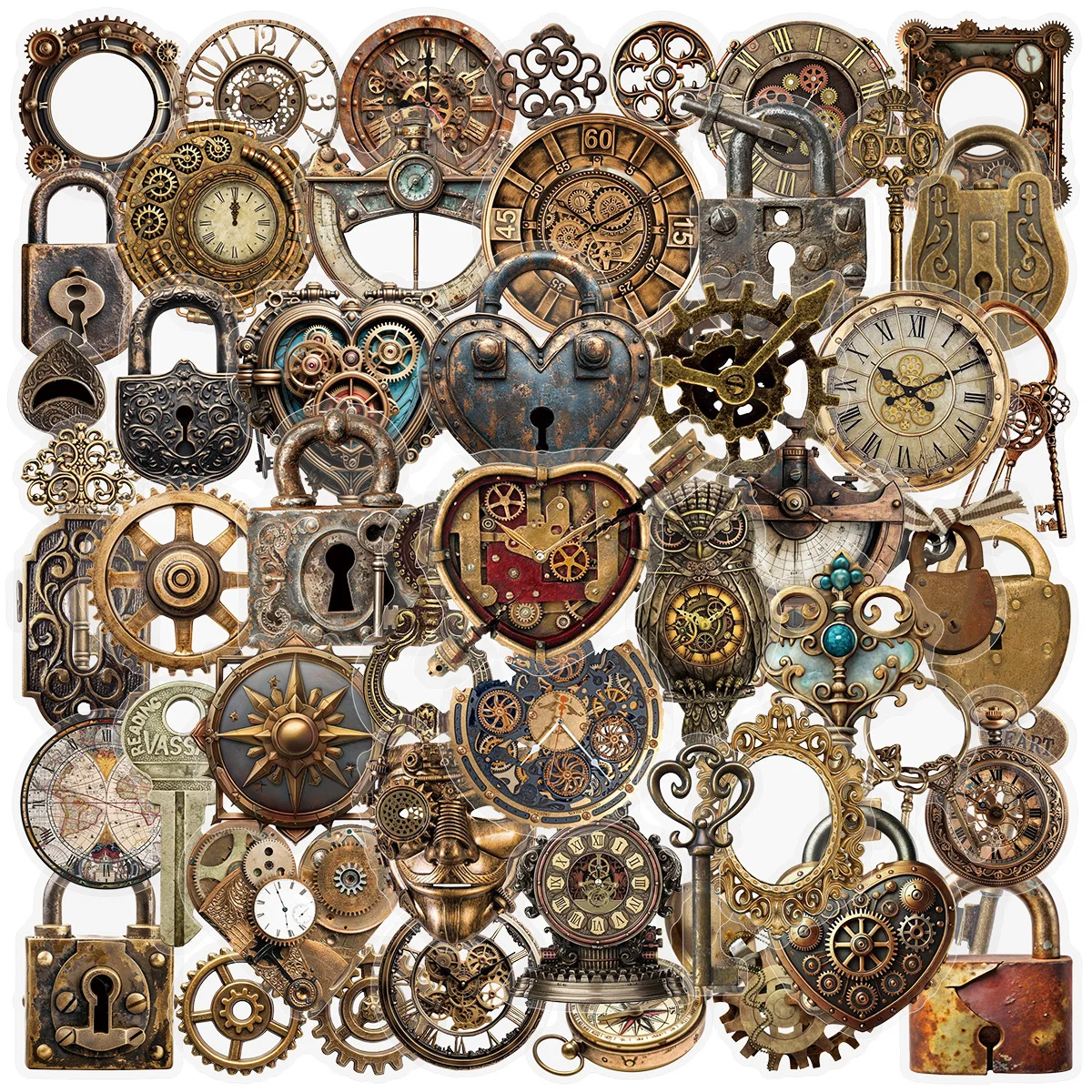50PCS Steampunk Stickers Vintage Gear Clock Metal Old Objects Material DIY Decorative Notebook iPad Waterproof Stickers Kids Toy