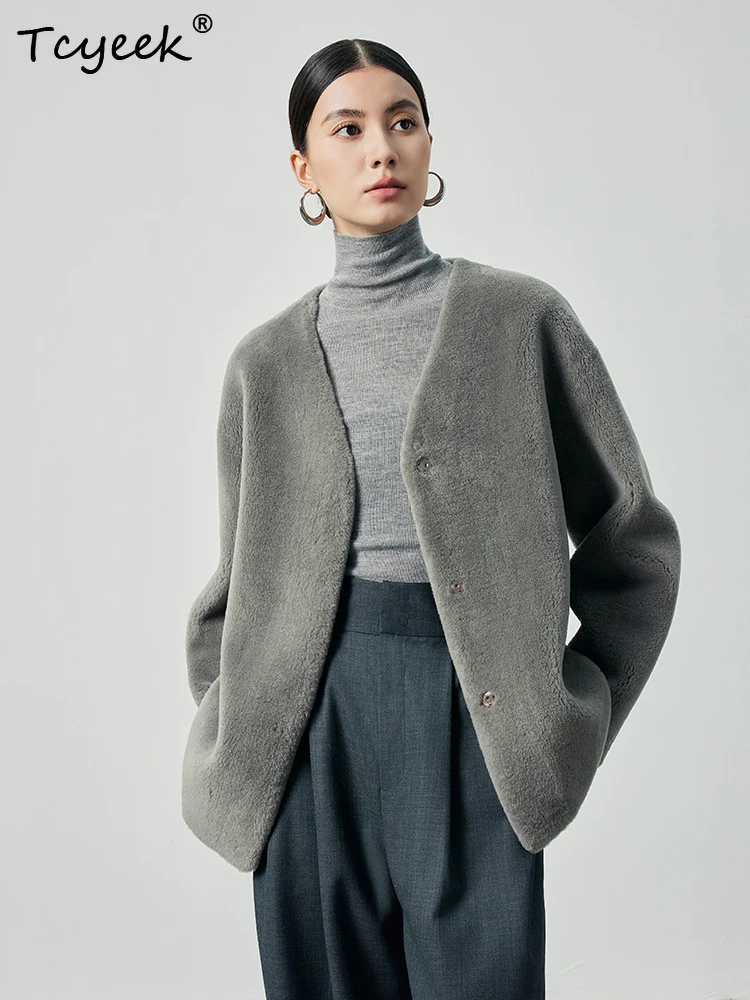 Tcyeek 秋冬 ハイエンド トレンド ファー一体型 Vネック グレー ショート丈 レディース ウールファーコート マントー ファム ファーレディース