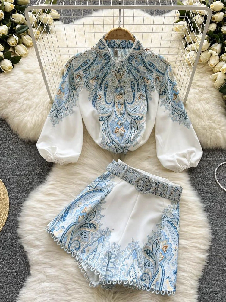 Spring Summer Retro Print Two Piece Set Women Lantern Sleeves Standing Neck Blouse Top+High Waist Wide Leg Shorts Elegant Suits