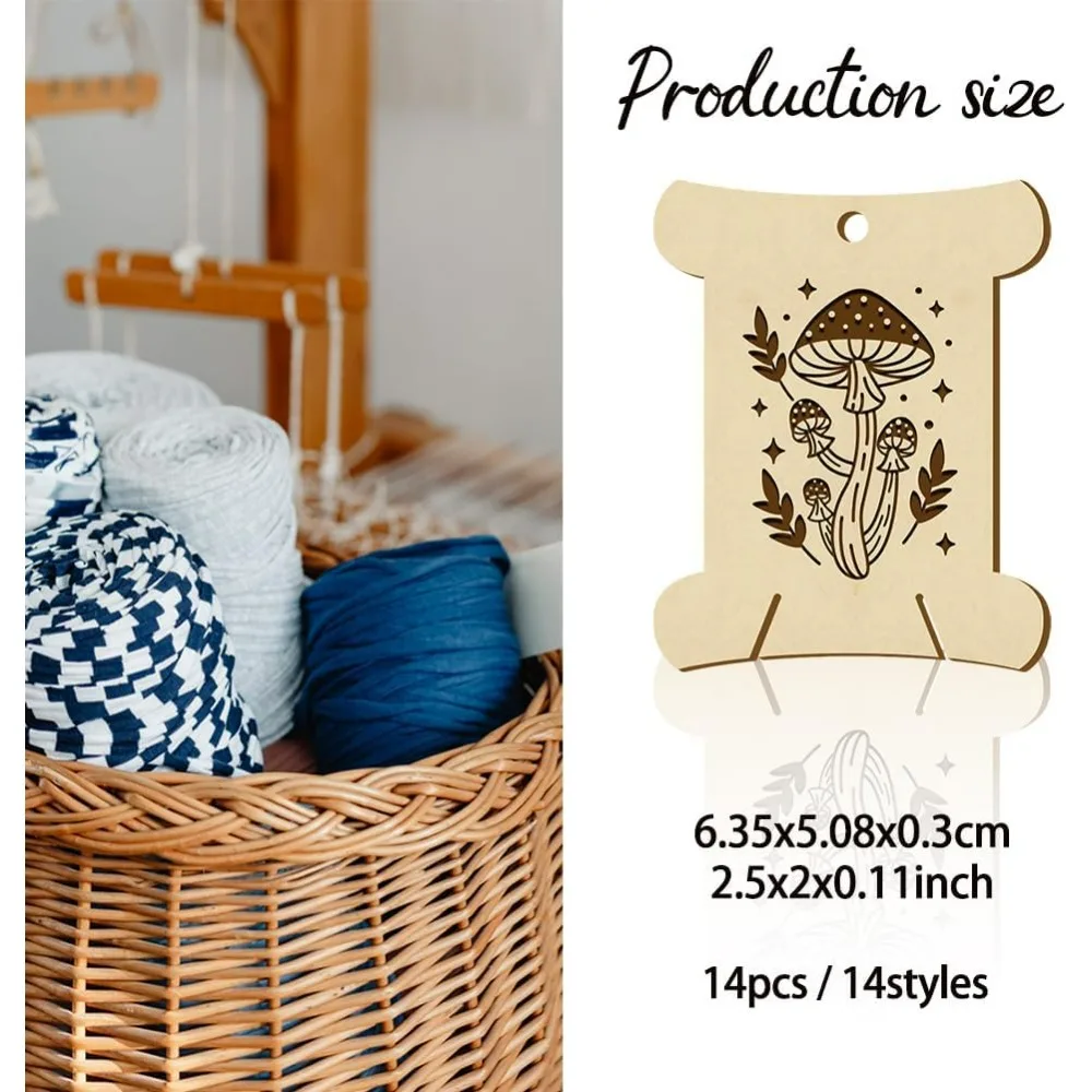 14 Pcs 14 Styles Wooden Thread Winding Boards, 2.48x1.98x0.12 Inch Embroidery Floss Organizer Mushroom Pattern Card Floss Winder