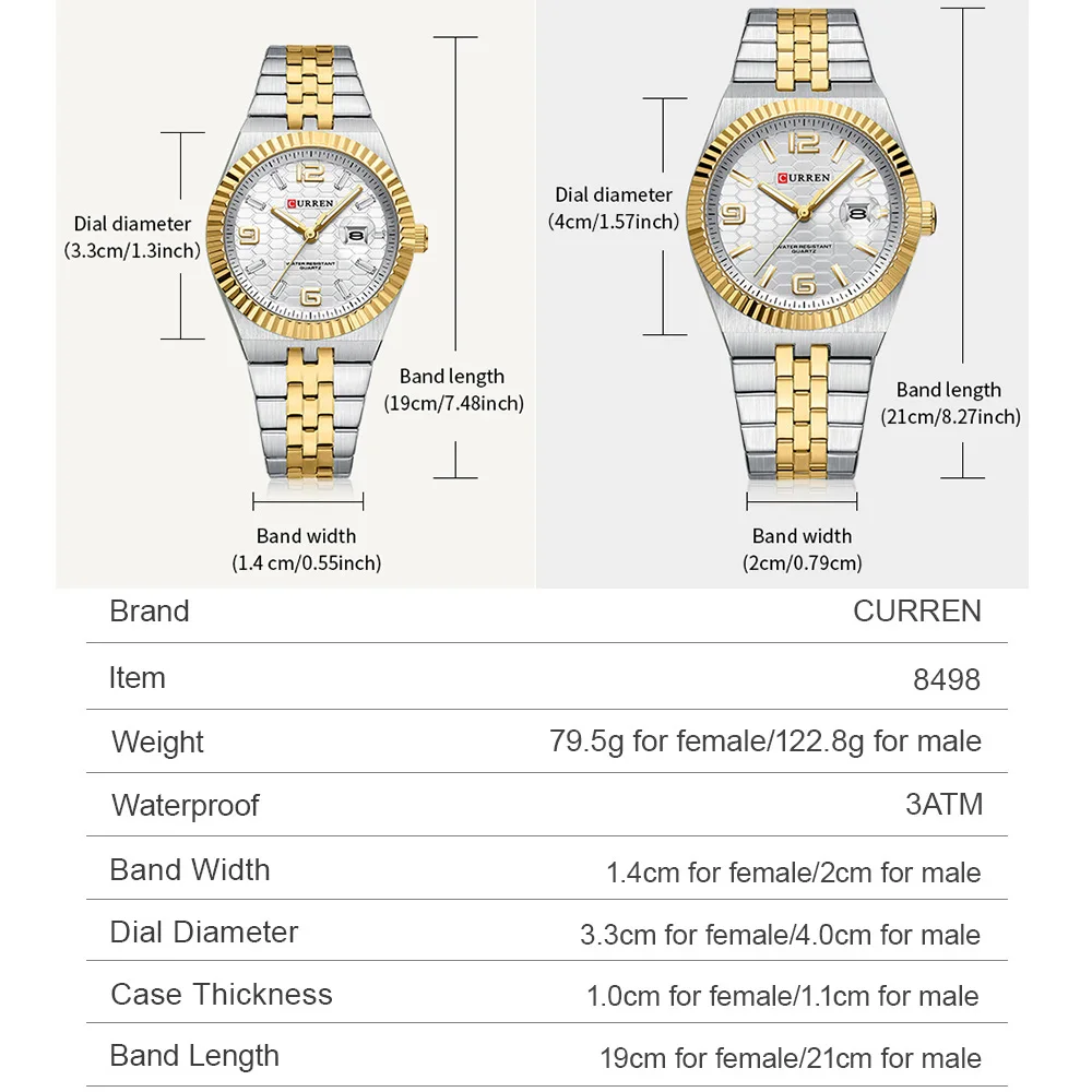 CURREN Fashion Couple Quartz Watch Stainless Steel Band with Designed Dial Luminous Hands Auto Date Men and Women Valentine Gife