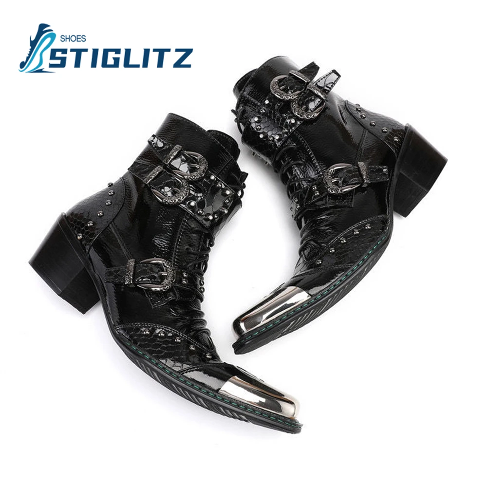 Snake Pattern Buckle Vintage Ankle Boots for Men Luxurious Workwear Leather Boots Metal Rivets Square Toe Punk Style Men\'s Shoes