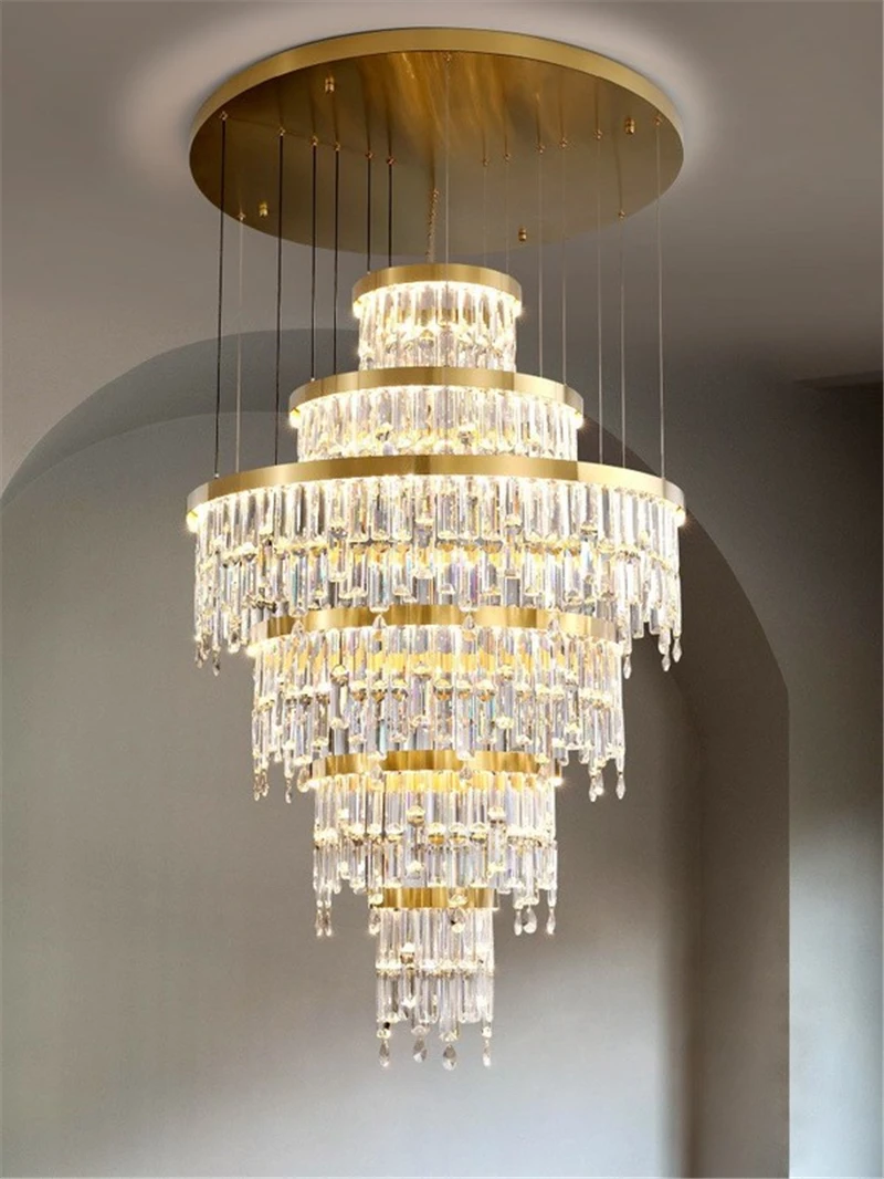 Modern Crystal Chandelier For Staircase Living Room Led Luxury Home Decor Light Creative Design Lamp Gold Round Cristal