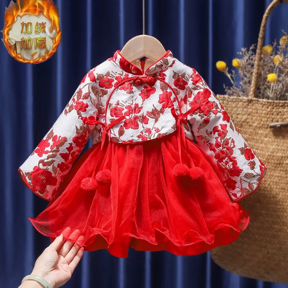 18 Colors Baby Girl Tang Suits Chinese Style Children Plus Velvet Thicken Warm Dress Wedding Christmas New Year Princess Dresses