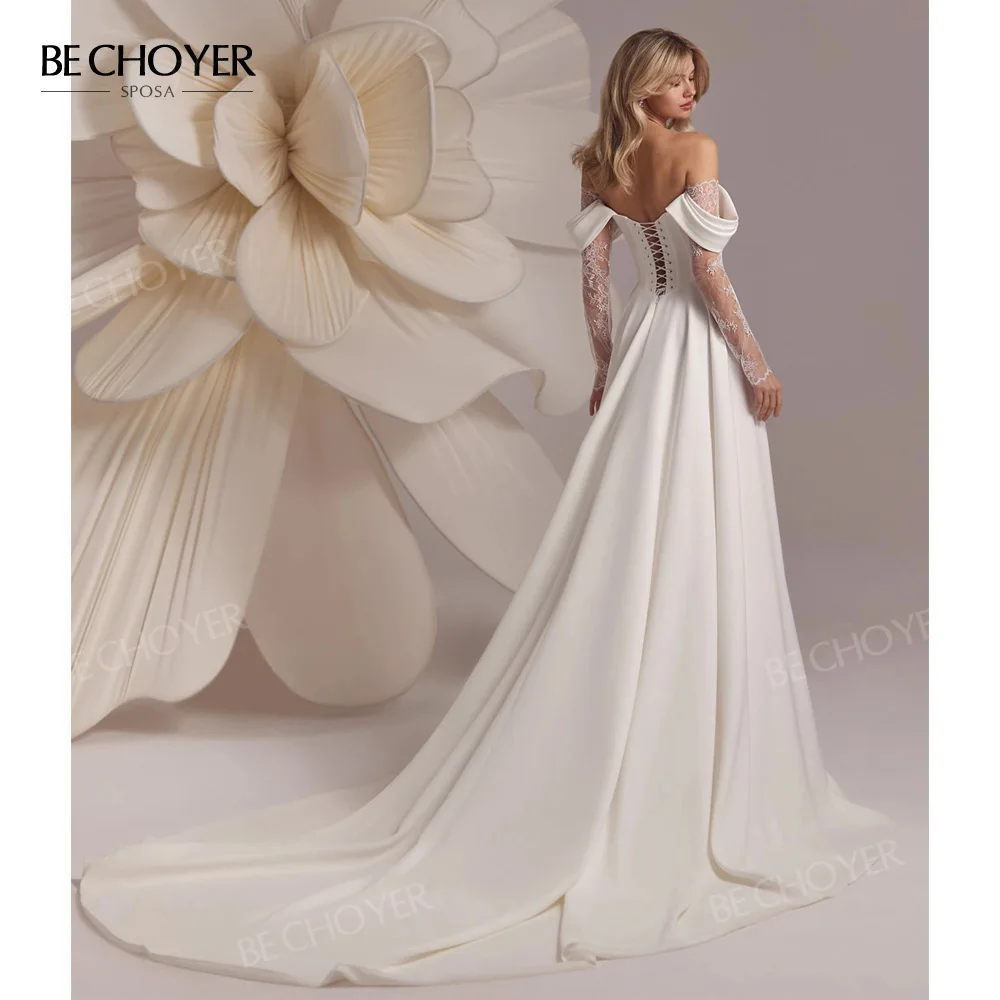 Off the Shoulder A-Line Wedding Dress 2025 Lace Long Sleeve Split Bride Gown Princess BECHOYER EL301 customized Vestido de Noiva