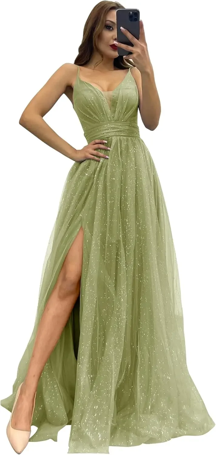 فستان فاخر 2025 تول سباركلي فستان رسمي للحفلات الراقصة مطوي على شكل حرف a ثوب حفلة مع أشرطة سباغيتي شق للنساء فساتين سهرة