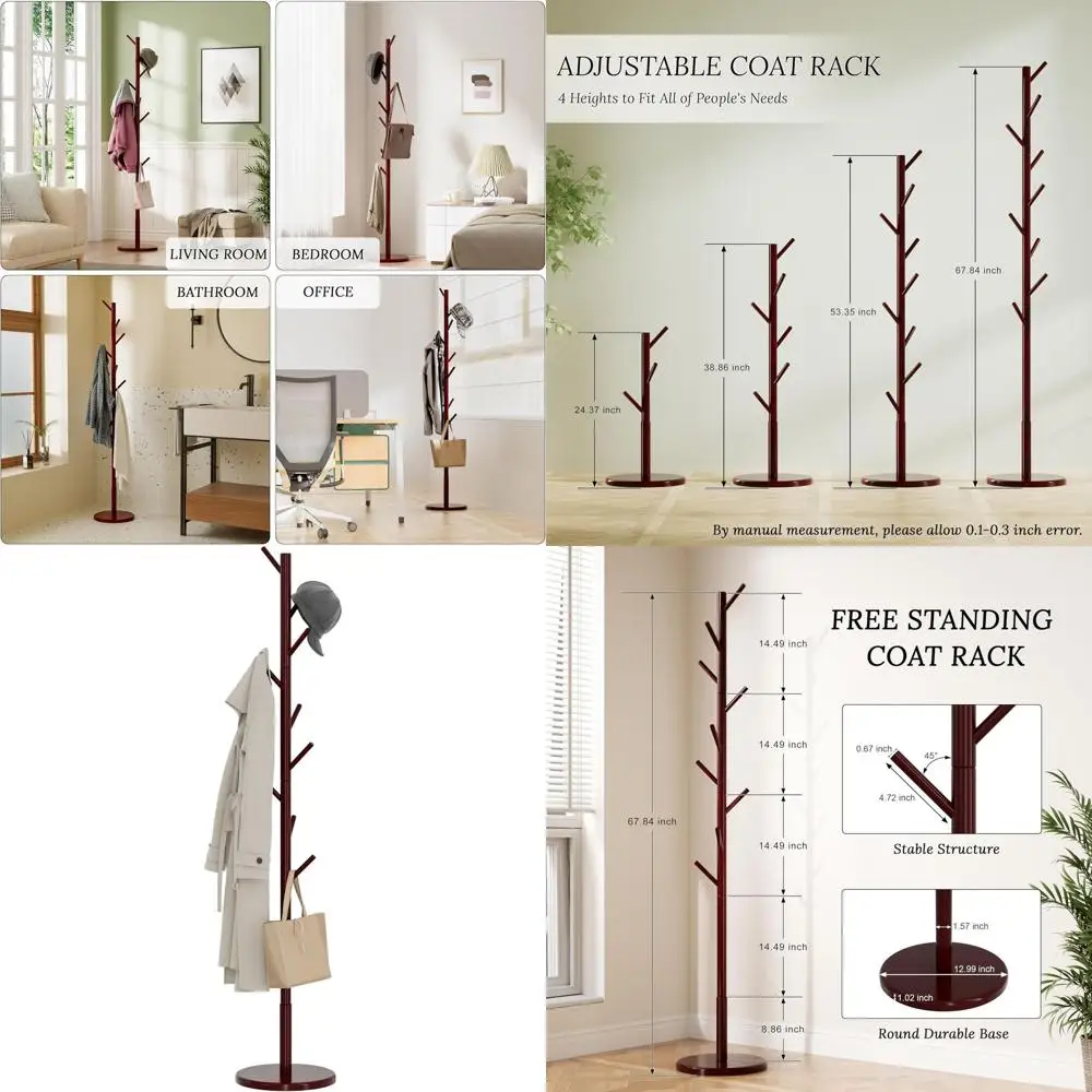 

Регулируемая деревянная вешалка для одежды с 9 крючками, 4 регулируемыми высотами, компактная, для прихожей, спальни, офиса (коричневая)