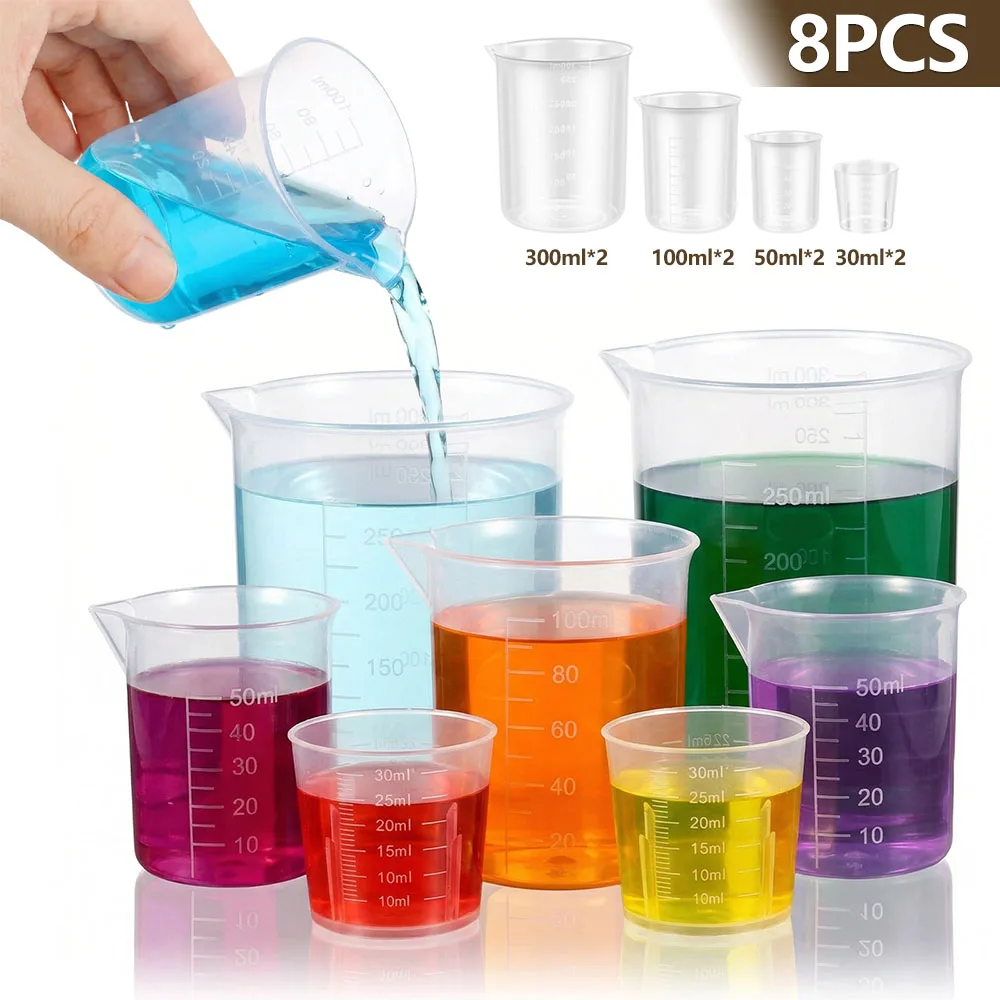 8 Pcs Plastic Measuring Cup Set 30/50/100/250ml Transparent PP Measuring Cup Graduated Lab Beakers Kitchen Measuring Mixing Cups