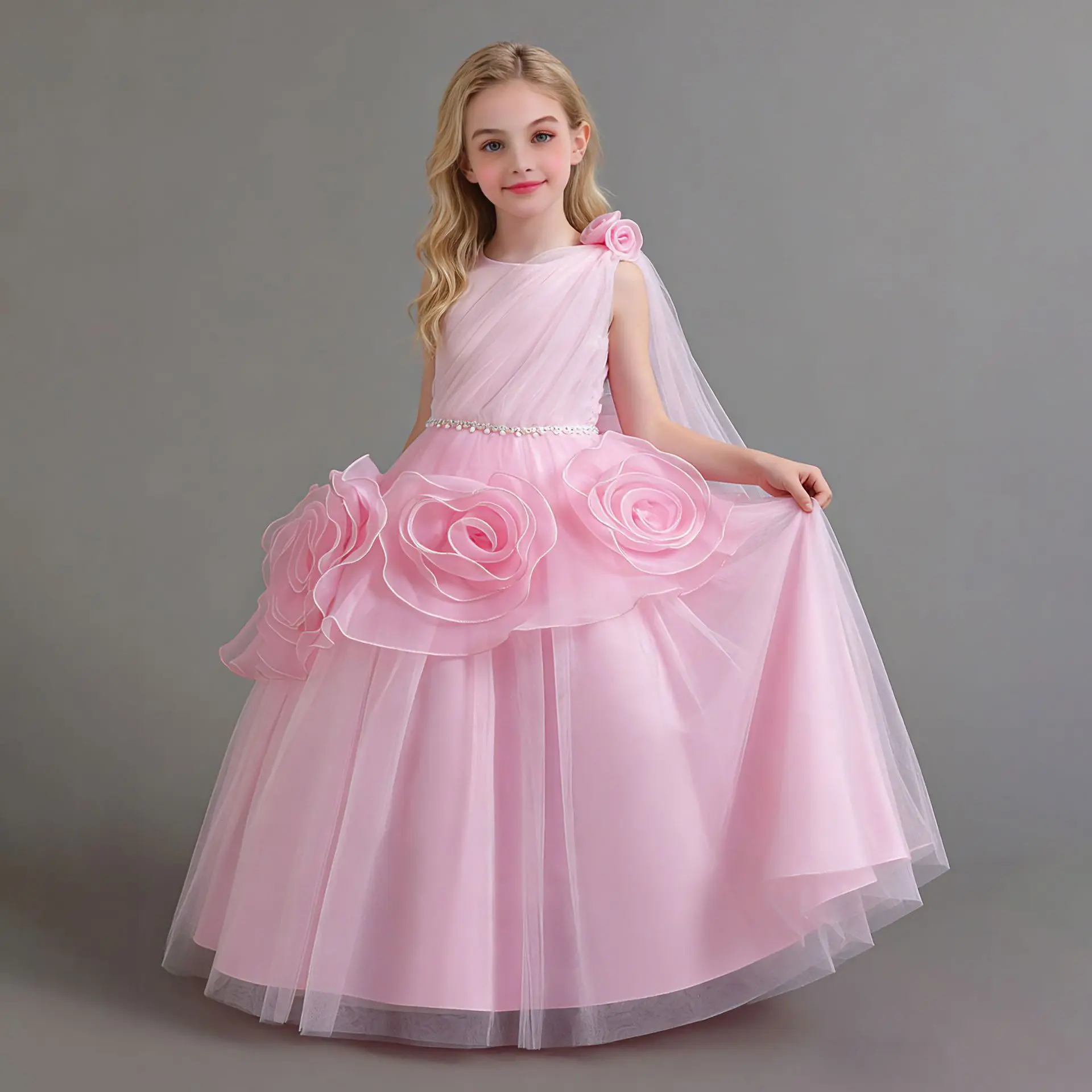Medium and large children's dress long large flower asymmetrical princess host piano performance