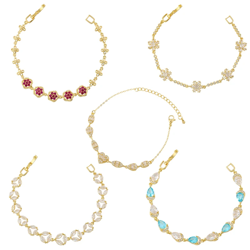 Schneeflocken-/Herzanhänger-Armbänder, 18K vergoldetes Messing, Zirkonia, verstellbar, für Paare, Damen-Armbänder, Großhandel: VL360