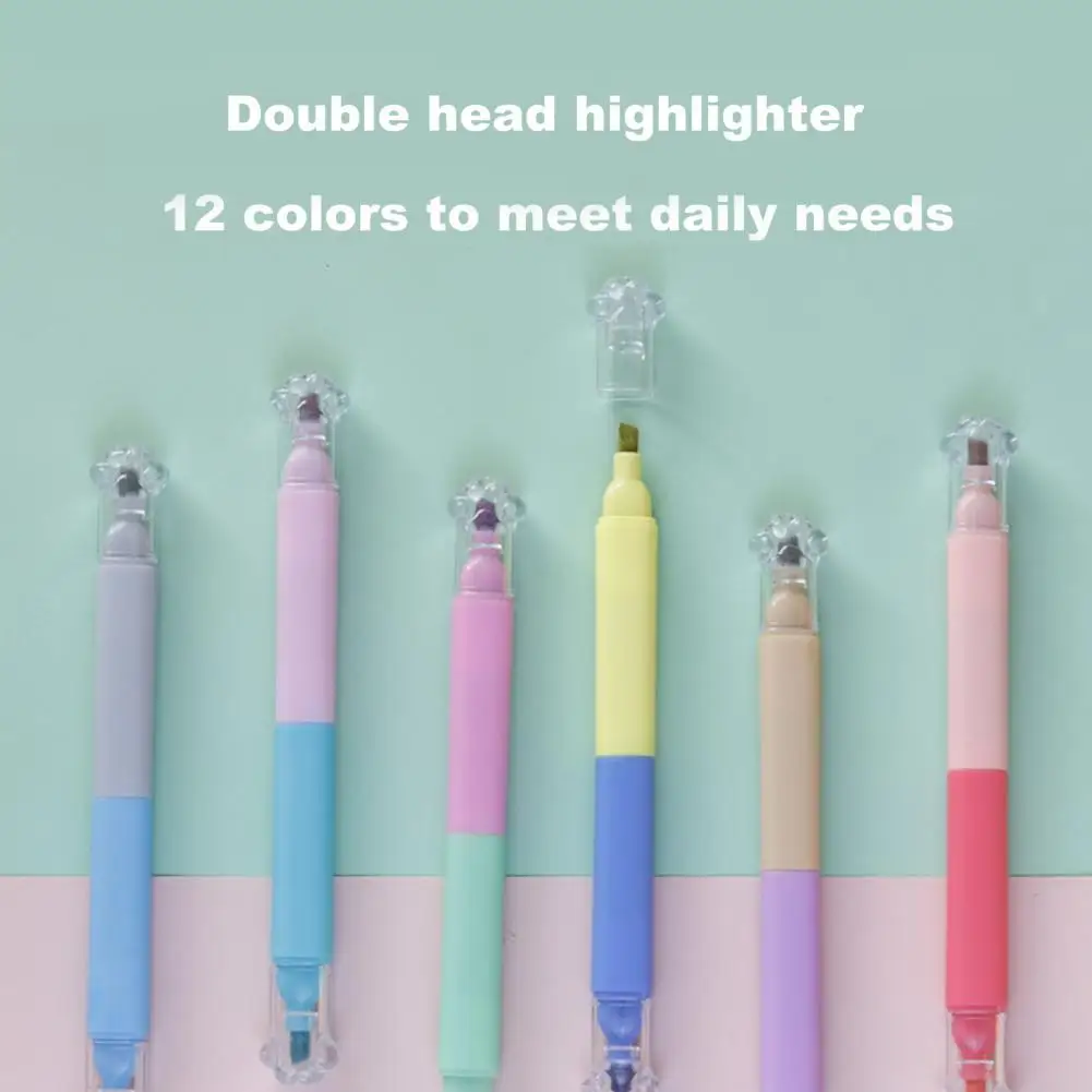 Double-headed Highlighter Pen 12 Colors Highlighter Pen Assorted Colors Highlighter Pen Set with Cute Cat Paw Caps for Office