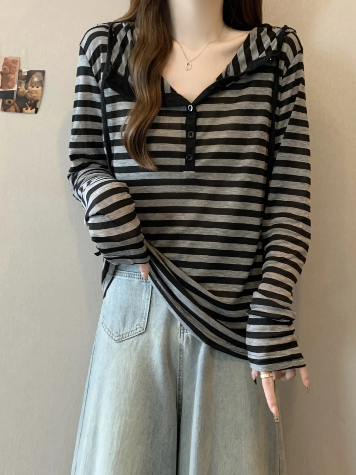 Slimming Striped V-Neck Long Sleeve Hoodie Women's T-Shirt Korean Style Base Shirt Bottoming Top plus Size Cover Belly