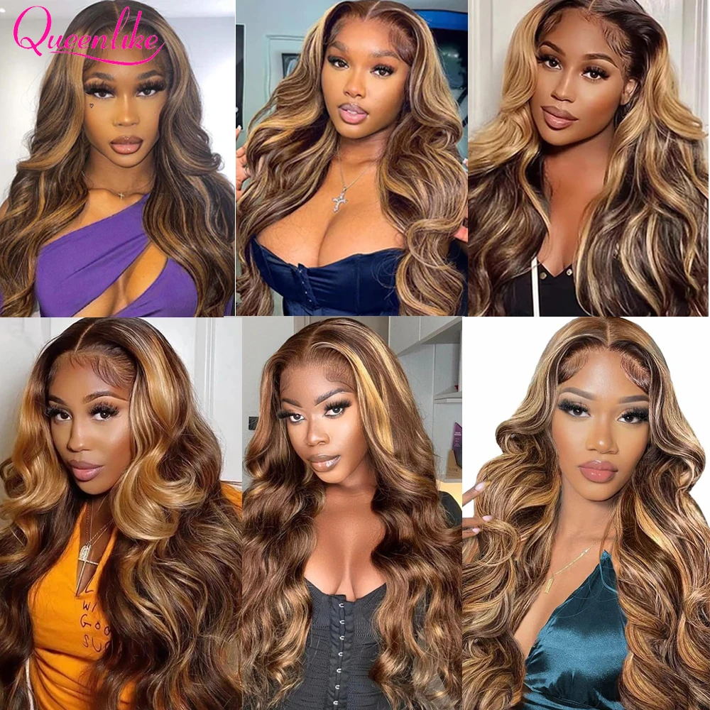 13x4 Body Wave Highlight Wig Human Hair P4/27 Colored Human Hair Wigs for Women 26 28 30 inch Ombre Lace Frontal Wig Brazilian