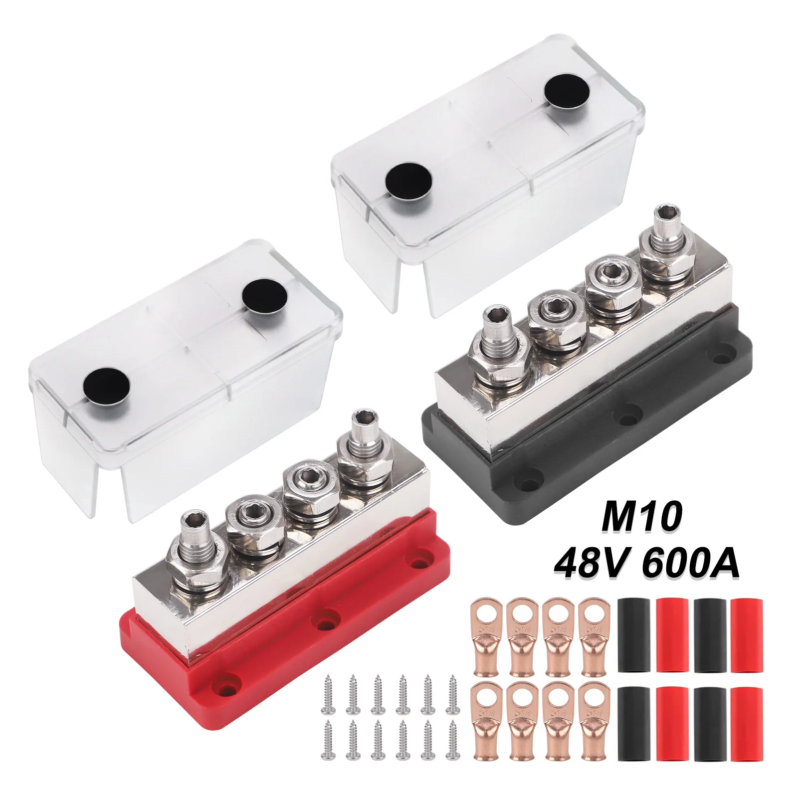 600A 48V Battery Distribution Block Nickel Plated Copper Bus Bar 4 M10 Studs 3/8 inch For Marine RV Truck Red Black