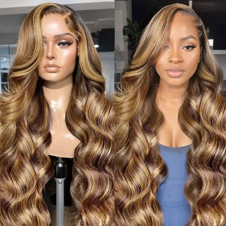 30 40 Inch 4/27 Highlight Ombre Blonde Body Wave 13x4 Lace Front Wig Brown Color 13x6 HD Transparent Lace Frontal Human Hair Wig