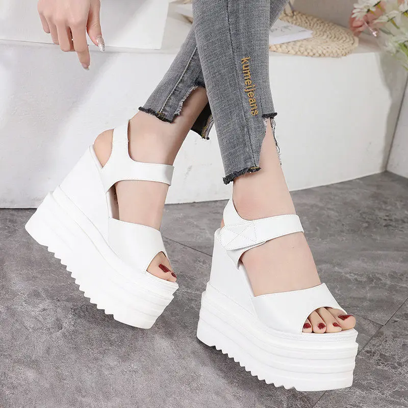 2026 Women's White Wedge Platform Open Toe Strap Buckle Fashion Elevator Daily Casual Sandals Q-636