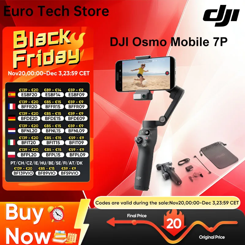 DJI Osmo Mobile 7P مثبت Gimbal 3 محاور تتبع أصلي للهاتف المحمول Gimbal وظائف الصوت والإضاءة المتكاملة