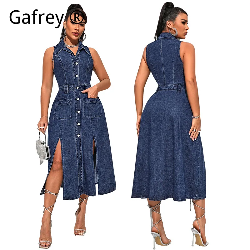 

Fashion Plus Size Denim Dress Sleeveless Side Slit Fitted Bodycon Jean Mini Dress Women's Summer Daily Going Out 2026