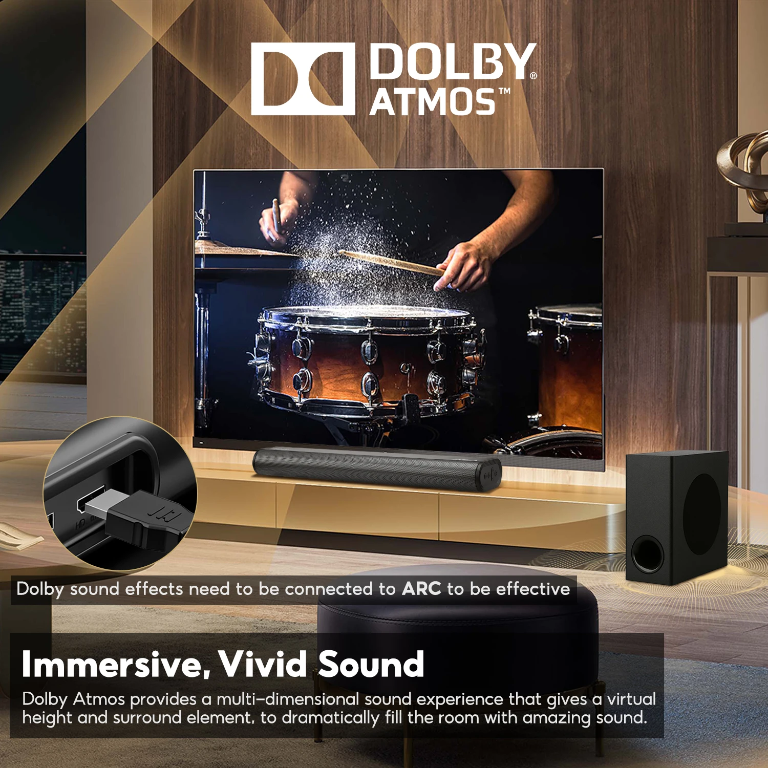 Dolby 2.1 Soundbar with Wireless Subwoofer, 150W Bluetooth