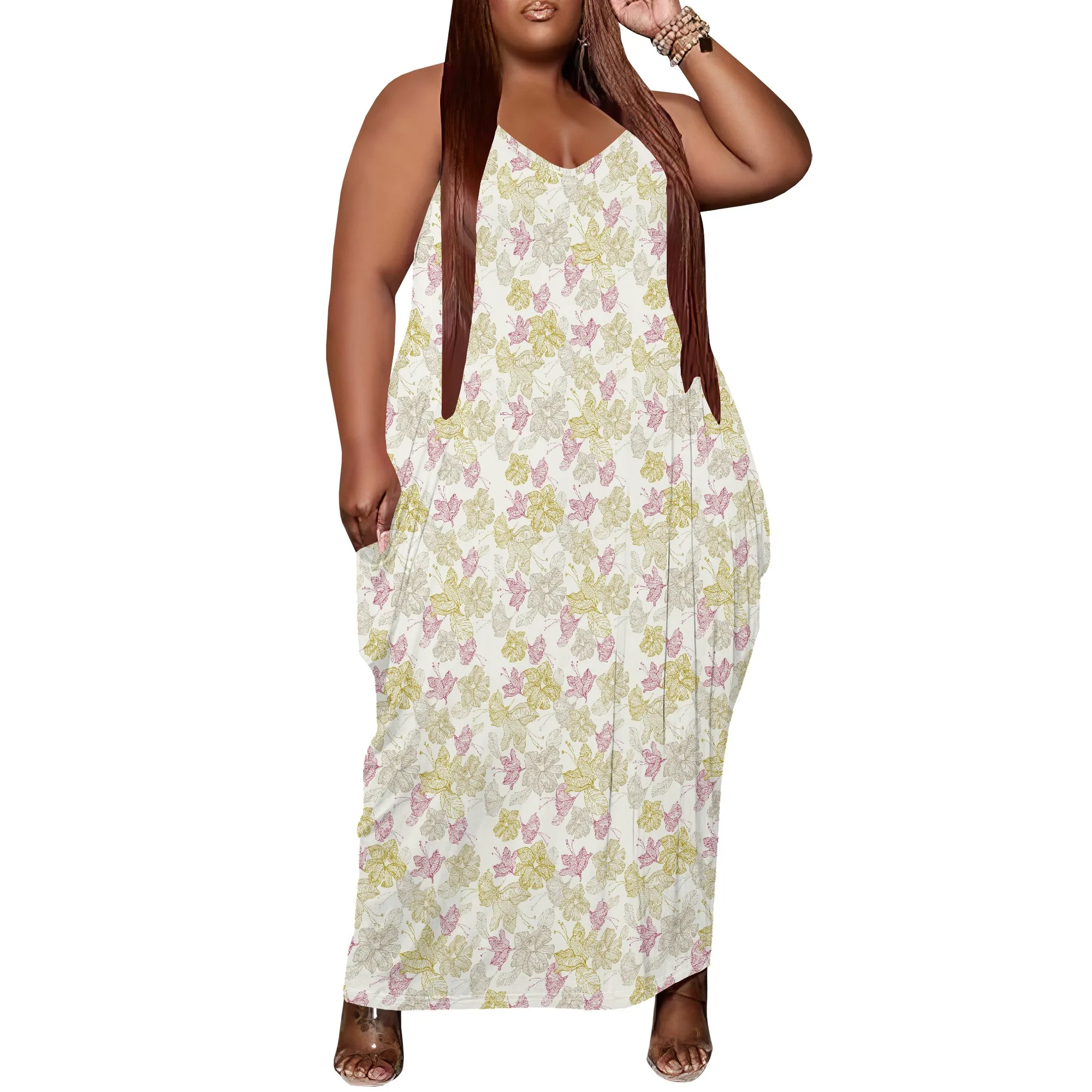 

Women Plus Size Dress Floral Print Loose Slip Long Dress with Pocket Fashionable Rustic XL-6XL