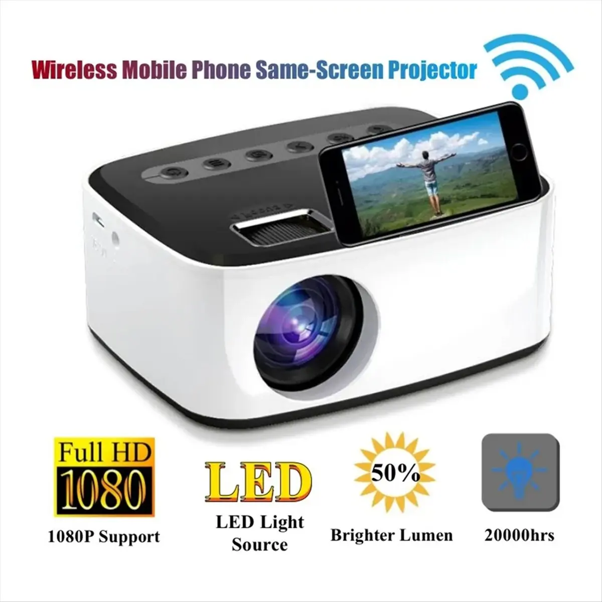 FSLH Projector LED 1080P Same-Screen Version Wireless Mobile Phone MINI Projector Home Theater Video Player EU Plug-B