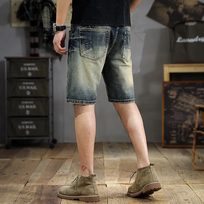 Retro Gewassen Denim Shorts Heren Zomer 2024 Nieuw Modemerk Instagram Kat Oude Kleur Stretch Motorbroek