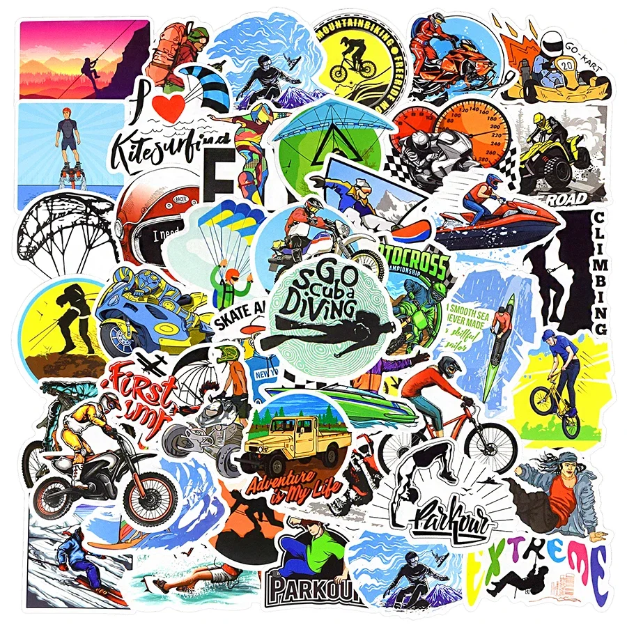 50 PCS Extreme Sports Stickers Anime Graffiti Ski Surf Skydiving Adventure Cartoon Stickers for Laptop Skateboard Bike Car Decal