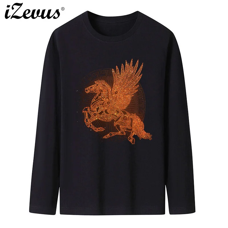 Stallion Timothy Pegasus hot trend diamond men's fall and winter long-sleeved cotton casual T-shirt loose comfortable and warm!