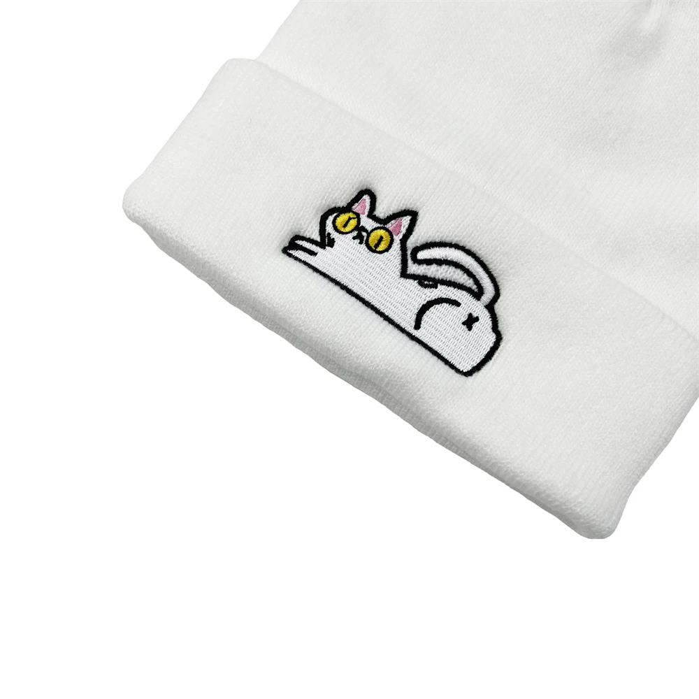 Cartoon Cat Embroidery Knitted Hat Autumn Winter Warm Skullies Cap Beanie Hat for Men and Women