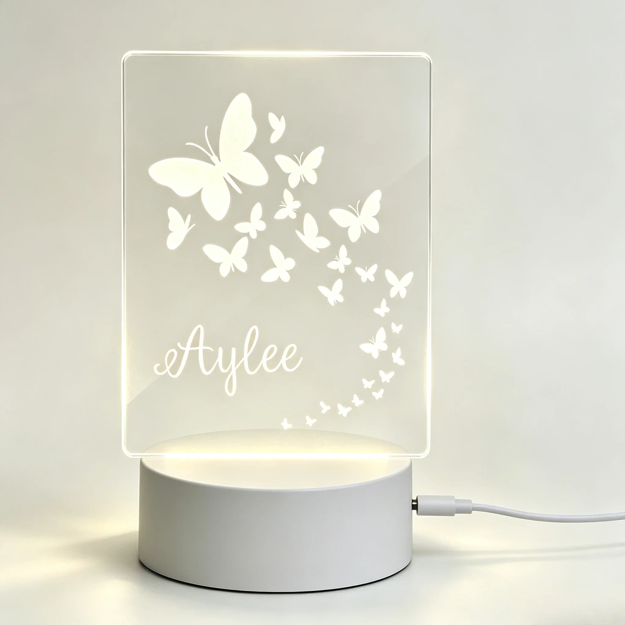 Personalized Cursive Name Flying Butterfly Acrylic Night Light USB Girls Bedroom Bedside LED Lamp