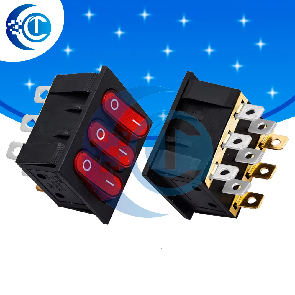 9-Pin Red Triple-Light KCD3-303 Switch (1PCS) - 16A/250V AC On-Off for Marine & Automotive Applications