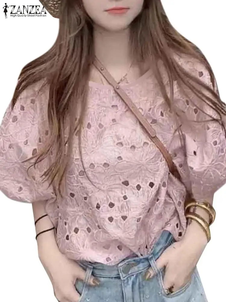 ZANZEA-Tops de cuello redondo para mujer, camisas de manga corta abullonada, parche Floral, blusa ahuecada de ganchillo, ropa de Color sólido para niñas