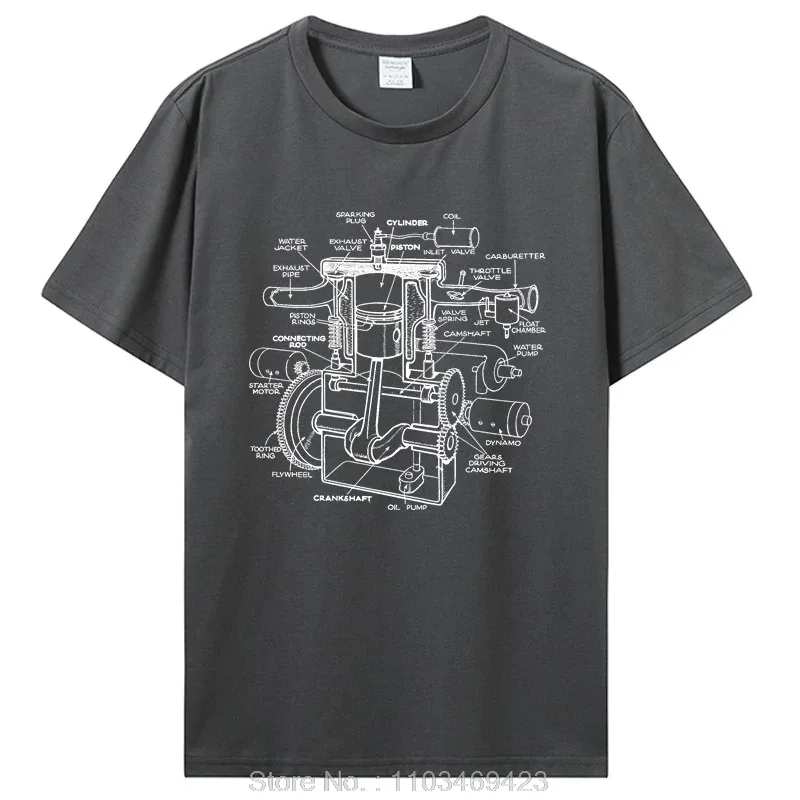 Vintage Car Engine Blueprint Graphic T Shirt Soft Fabric Unisex O-Neck Short Sleeve Mechanical Diagram Print Auto Lover  Tee