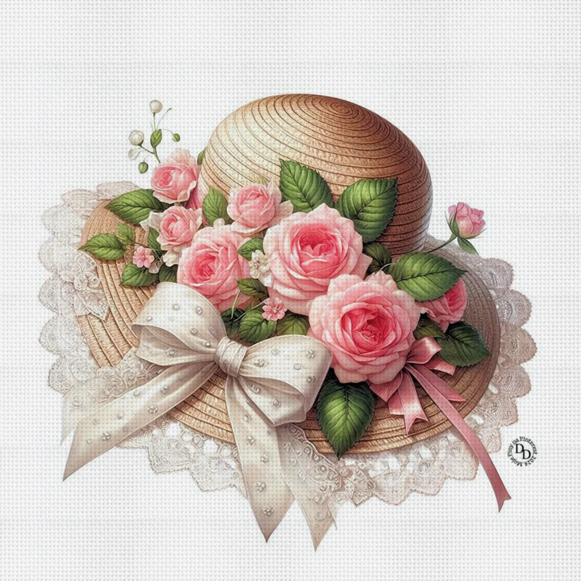 Blüten am Hut Kreuzstich-Set zum Selbermachen, 11CT-Stickerei, Heimwanddekoration, Geschenk, handgefertigtes Material, rahmenlos, halbfertig, 36×36 cm